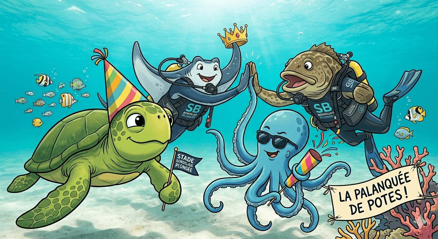 Illustration humoristique du club de plongée avec une tortue, un poulpe et des plongeurs fêtards